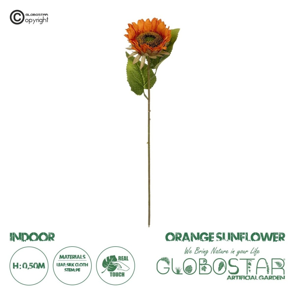 GloboStar® Artificial Garden ORANGE SUNFLOWER BRANCH 21213 Τεχνητό Διακοσμητικό Κλαδί Ηλιοτρόπιο Πορτοκαλί Y50cm
